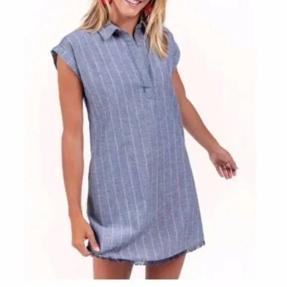 harper heritage | Dresses | Francescas Harper Heritage Blue Denim Chambray  Stripe Frayed Hem Shirt Dress | Poshmark